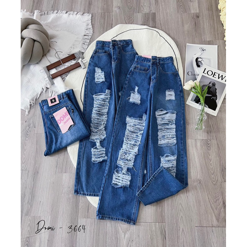 QUẦN DÀI JEANS LOA XUÔNG ỐNG RỘNG ĐẠP LAI RÁCH TE TUA