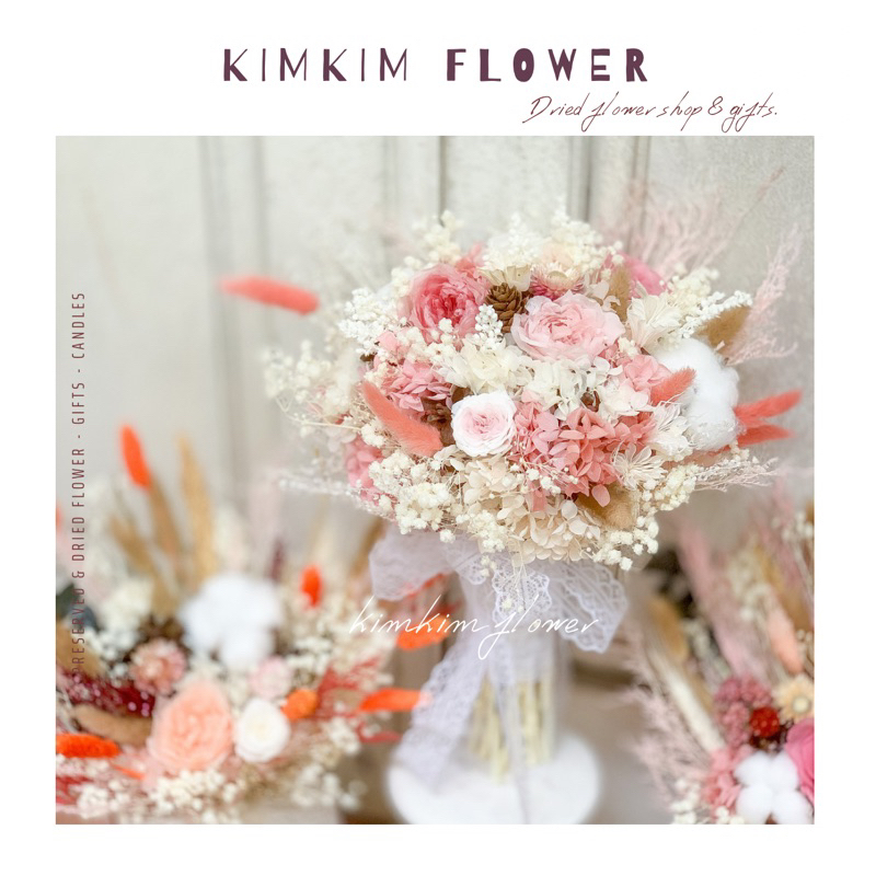 hoa cưới cầm tay cô dâu , hoa cưới vĩnh cửu tông hồng pastel, preserved dried flower wedding