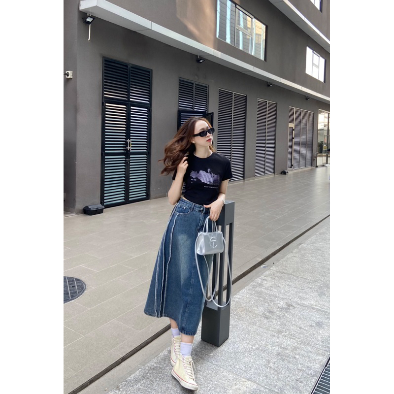 chân váy jean dài xẻ tà sau - weibo.store