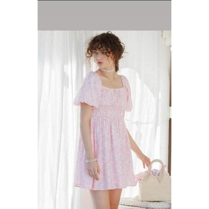 Đầm babydoll tay bồng, 2 lơp dáng xoè, chun eo màu hồng siêu dễ thương