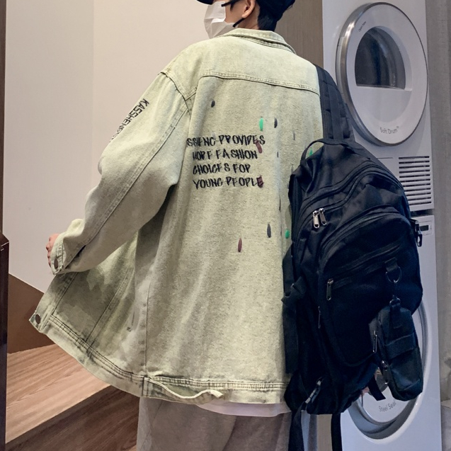 Áo denim nam form rộng, áo khoác bò nam giọt màu in chữ kỷ niệm Basic mặc đi chơi đi học thời trang Ulzzang Hàn Quốc