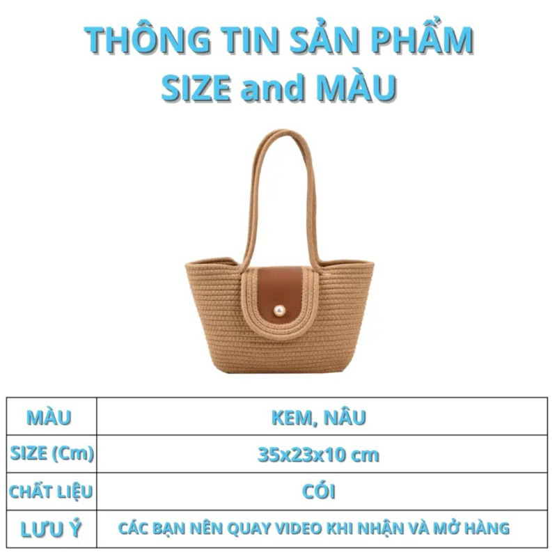 Túi dệt vải phong cách Vintage Túi cói hai màu nâu màu be đi biển hotrend 2023