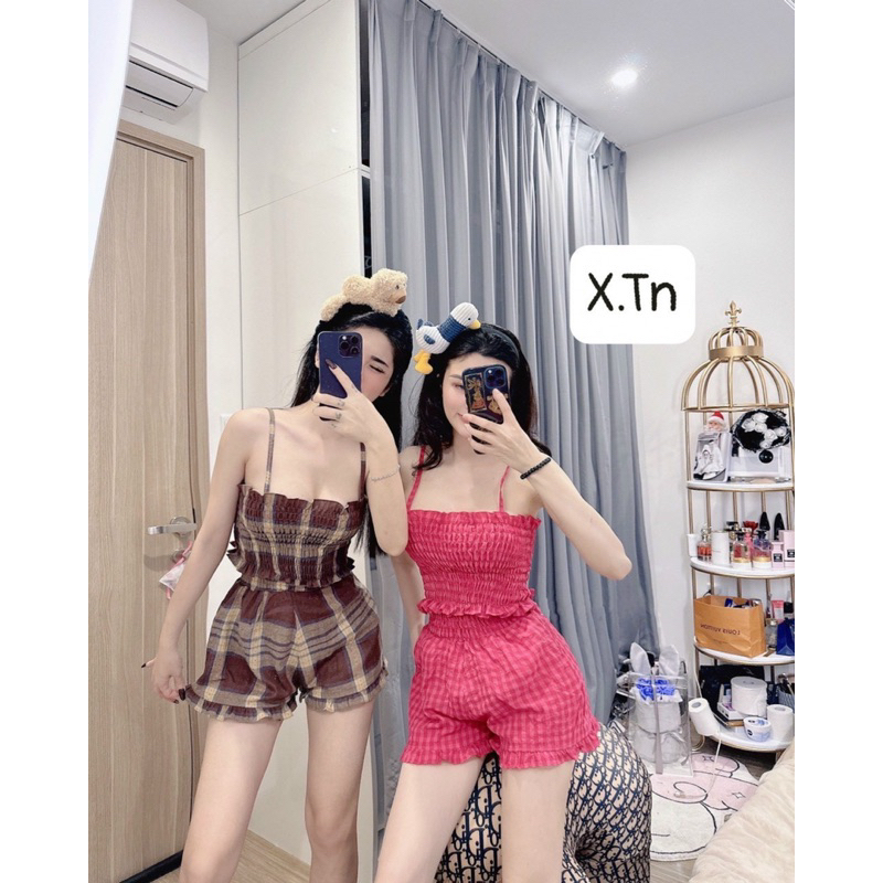 SET ÁO HAI DÂY NHÚN CÚP NGỰC PHỐI QUẦN ĐÙI VIÈN BÈO