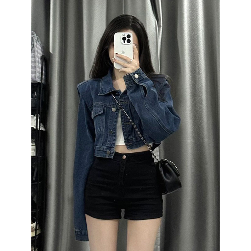 Áo croptop Denim kiểu dáng basic màu xanh NewArrival 2023