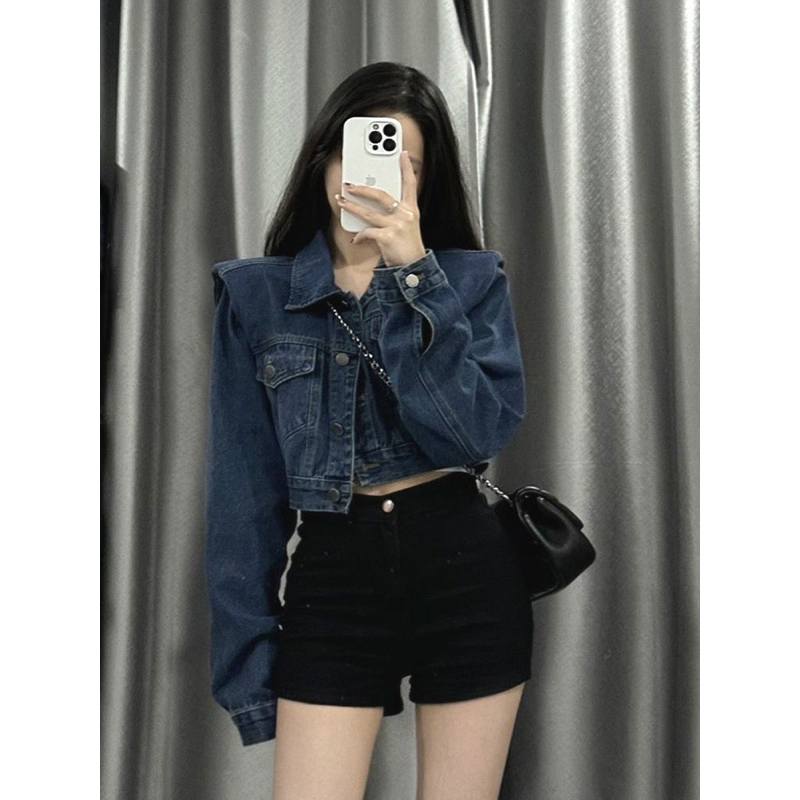 Áo croptop Denim kiểu dáng basic màu xanh NewArrival 2023