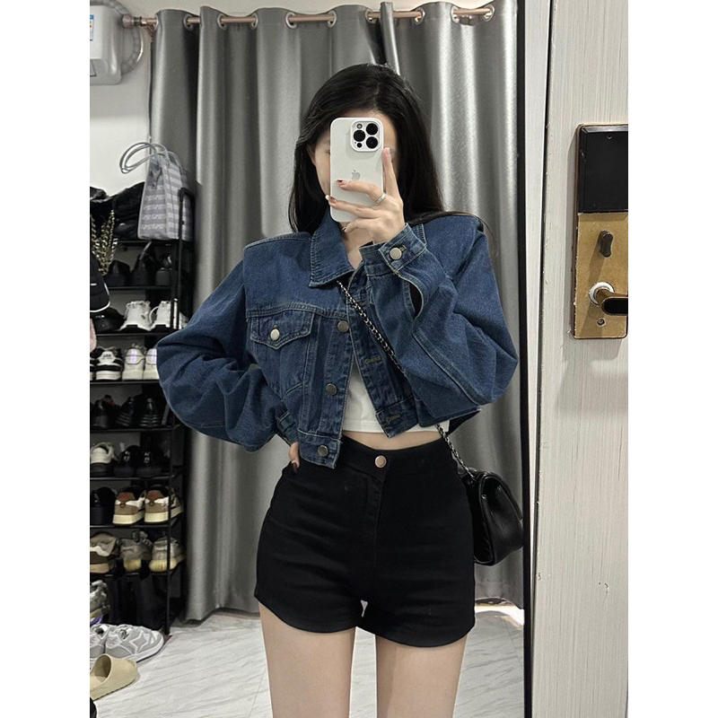 Áo croptop Denim kiểu dáng basic màu xanh NewArrival 2023
