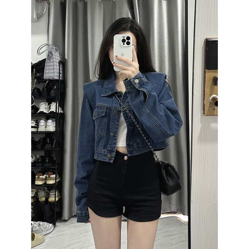 Áo croptop Denim kiểu dáng basic màu xanh NewArrival 2023