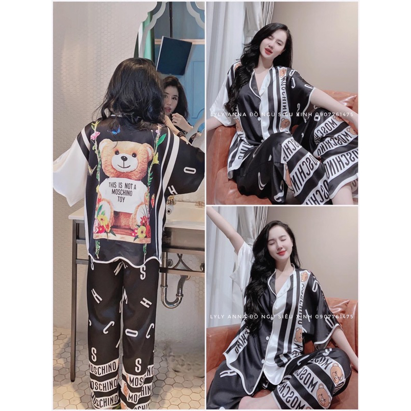 Set mặc nhà tay dài lụa phối gấu siêu xinh