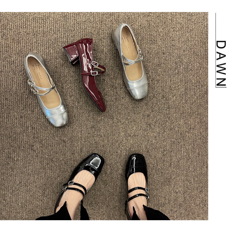 Giày búp bê nữ da bóng mũi tròn quai chéo đế cao 2cm