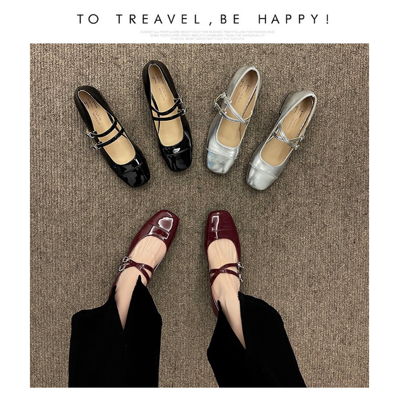 Giày búp bê nữ da bóng mũi tròn quai chéo đế cao 2cm