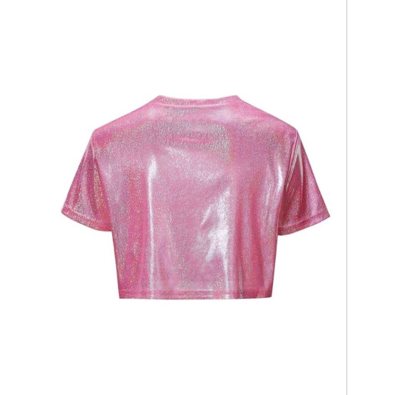 Áo thun croptop tay ngắn cổ tròn hologram lấp lánh sáng bóng phản quang thời trang cho nữ 💗
