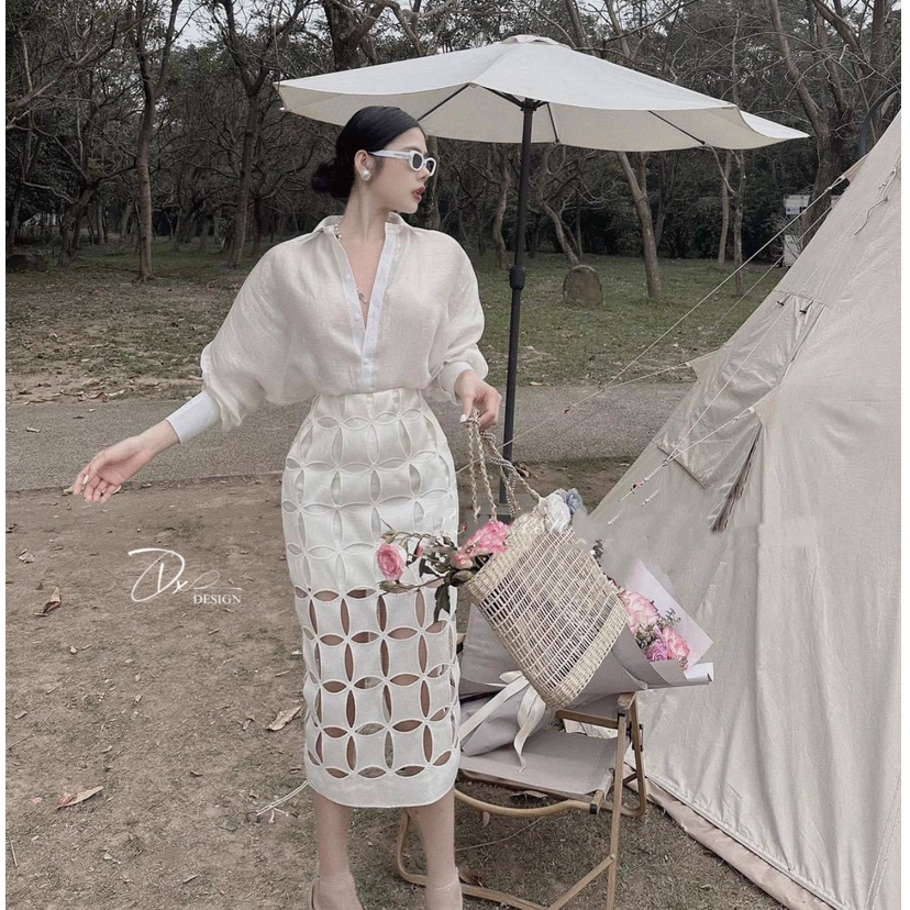 Set đồ nữ đi dự tiệc cưới sang chảnh chân váy dáng dài cắt laze phối áo sơ mi dài tay đi dự tiệc sự kiện dạ hội LEVAN