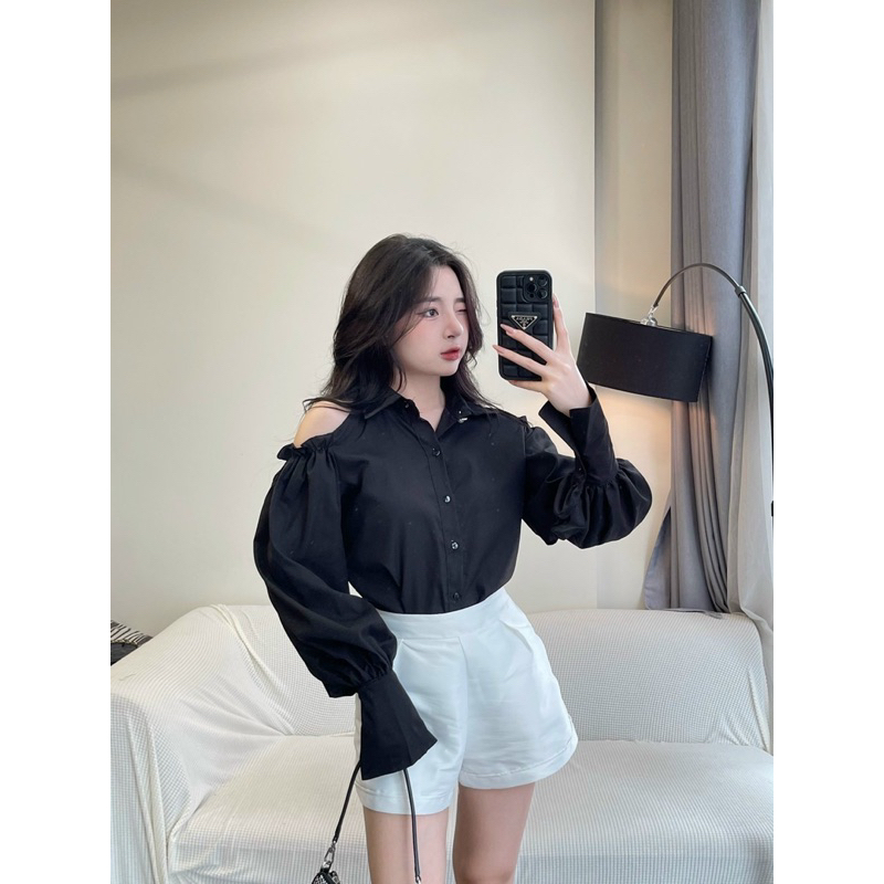 [Mã TOPS06 giảm đến 10k đơn 99k] /ảnh thật/ Áo sơ mi tay bèo hở vai tiểu thư | BigBuy360 - bigbuy360.vn