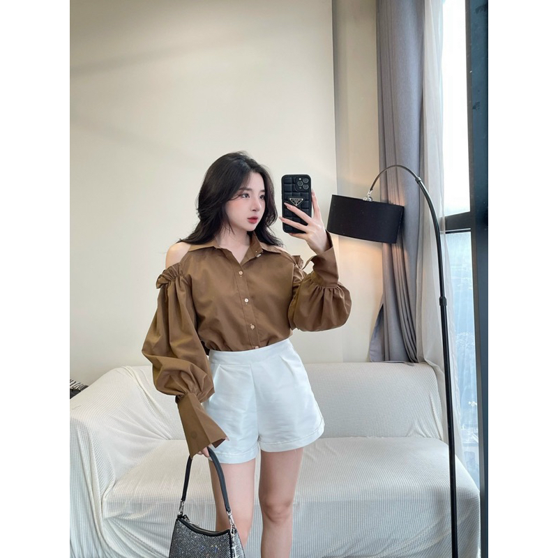 [Mã TOPS06 giảm đến 10k đơn 99k] /ảnh thật/ Áo sơ mi tay bèo hở vai tiểu thư | BigBuy360 - bigbuy360.vn