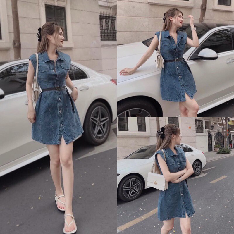Váy Sơ Mi Bò Sát Nách Kèm Đai Phong Các Hàn Quốc