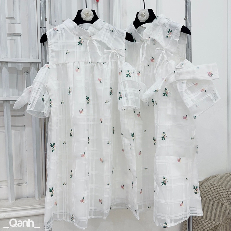 Váy Kính Hoa Thêu Hai Lớp Nơ Tay Mã QA0228