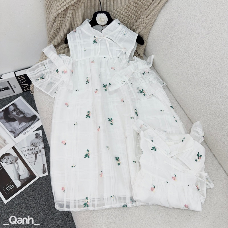 Váy Kính Hoa Thêu Hai Lớp Nơ Tay Mã QA0228