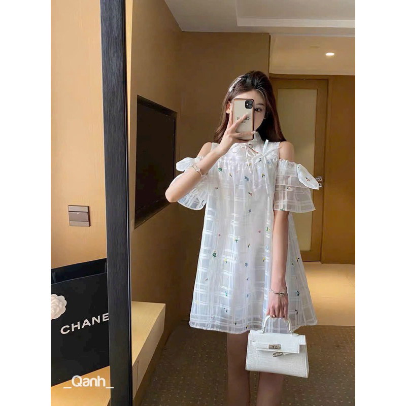 Váy Kính Hoa Thêu Hai Lớp Nơ Tay Mã QA0228