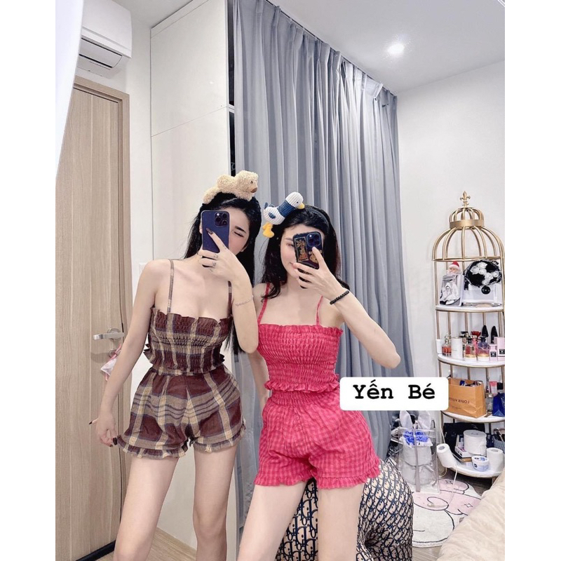 Set Áo Hai Dây Phối Quần Đũi Kẻ Chun Ngực Mã ĐH0228