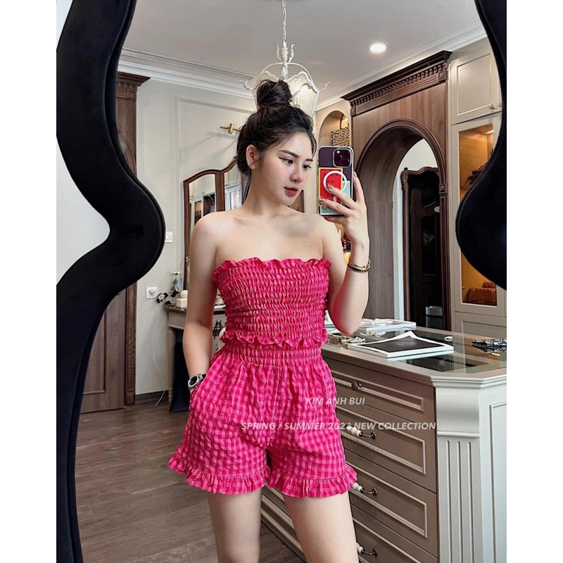 Set Áo Hai Dây Phối Quần Đũi Kẻ Chun Ngực Mã ĐH0228