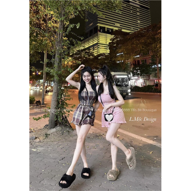 Set Áo Hai Dây Phối Quần Đũi Kẻ Chun Ngực Mã ĐH0228
