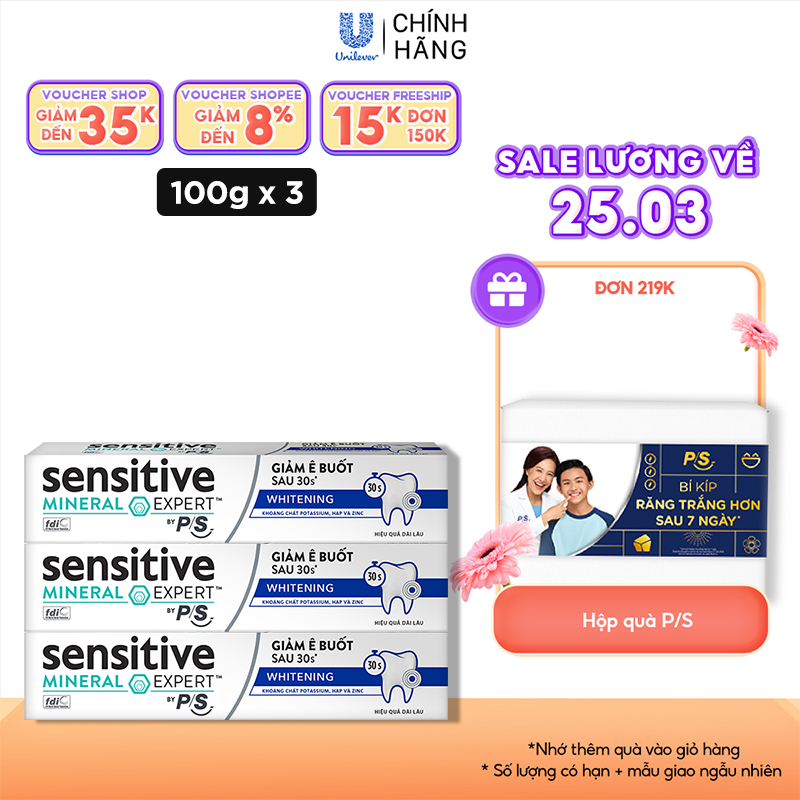 Bộ 3 Hộp Kem đánh răng P/S giảm ê buốt sau 30 giây Sensitive Mineral Expert Whitening với tác động từ khoáng 100g