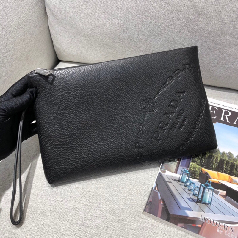 Ví cầm tay da thật, clutch nam màu trơn logo Prada cao cấp