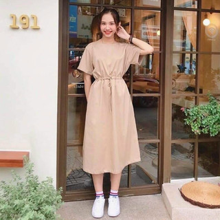 Đầm suông tay lỡ rút eo, váy suông dáng dài cộc tay phom rộng