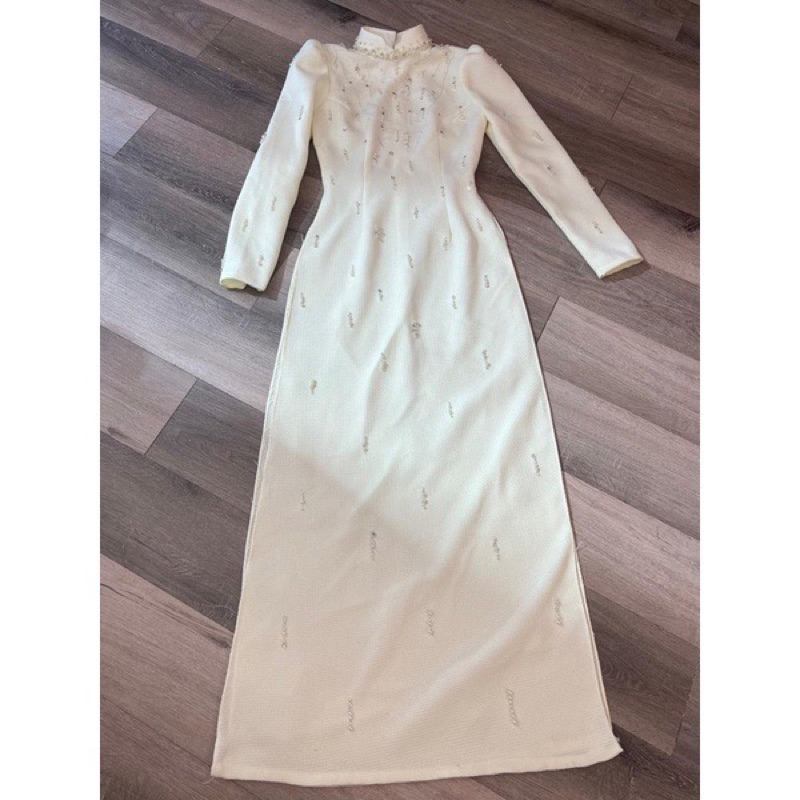 Áo Dài cô dâu gấm trắng đính hạt cao câp