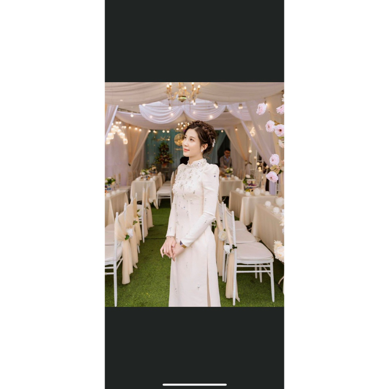 Áo Dài cô dâu gấm trắng đính hạt cao câp