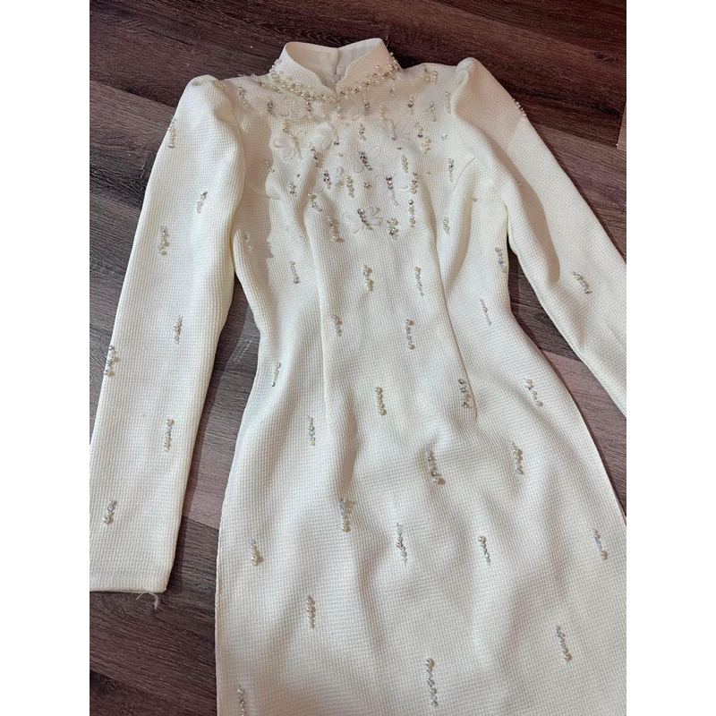 Áo Dài cô dâu gấm trắng đính hạt cao câp