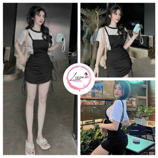 Đầm body set đầm yếm kèm áo thun trắng rút dây hai bên trẻ trung năng động 090 (Giá sỉ ) Lissa