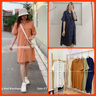 Váy sơ mi trơn viền chỉ nổi 6 màu dáng xuông chất đũi linen / Đầm xuông cổ đức 175 Nhung Nhớ