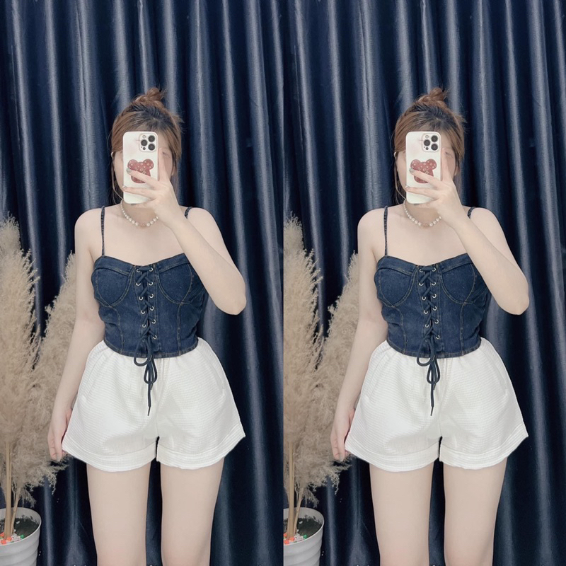 Áo Jeans 2 Dây Cúp Ngực Croptop Cá Tính(Freesize