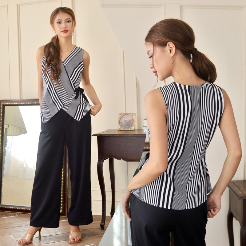 Set lụa quần váy áo sọc không tay Infashion.