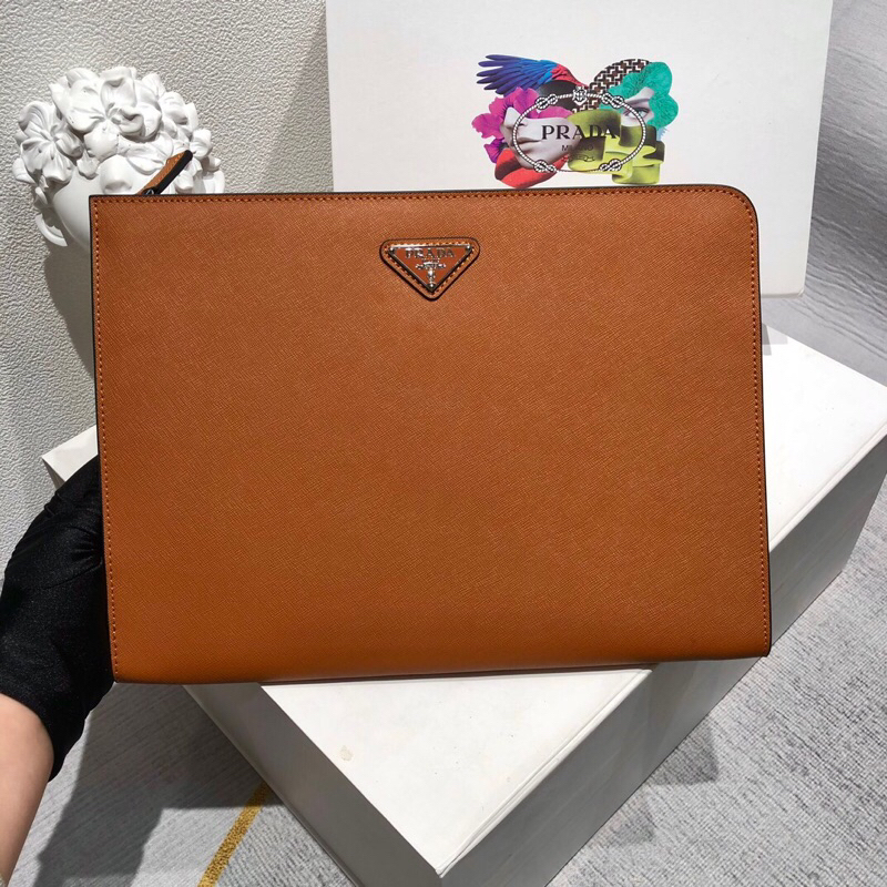 Ví cầm tay, clutch nam cao cấp da thật màu trơn logo Prada