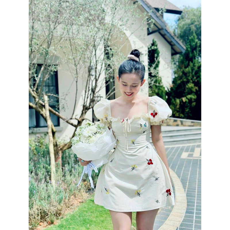 Bigsize Đầm hoa thêu cột nơ có kèm mút ngực 55-95kg