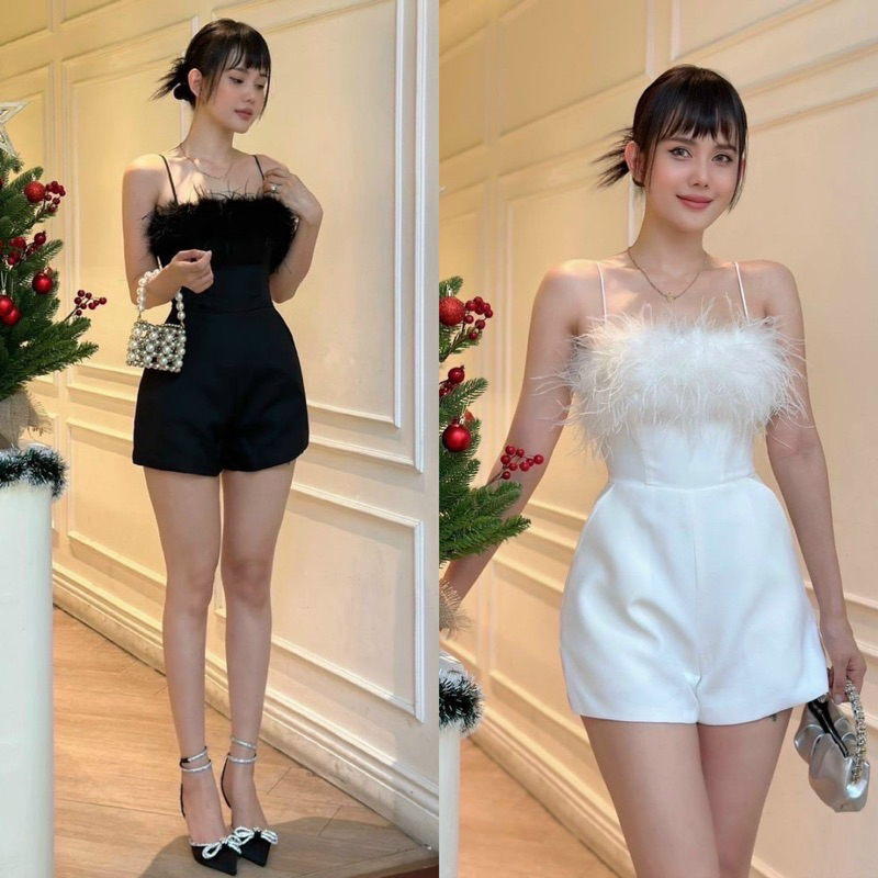 Jump ngắn tafta nhũ bóng 2 dây phối lông trắng đen, jumpsuit hotgirl đi chơi bar dạo phố dự tiệc sang trọng quyến rũ