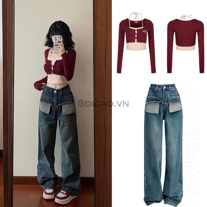 TÁCH SET CROPTOP + QUẦN JEAN ỐNG RỘNG ĐẮP TÚI [ Hàng Có Sẵn Ship Liền Hoả Tốc ]