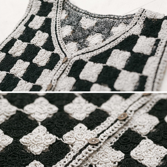[Augustcloth] Áo gile khoác ngoài dáng dài caro đen