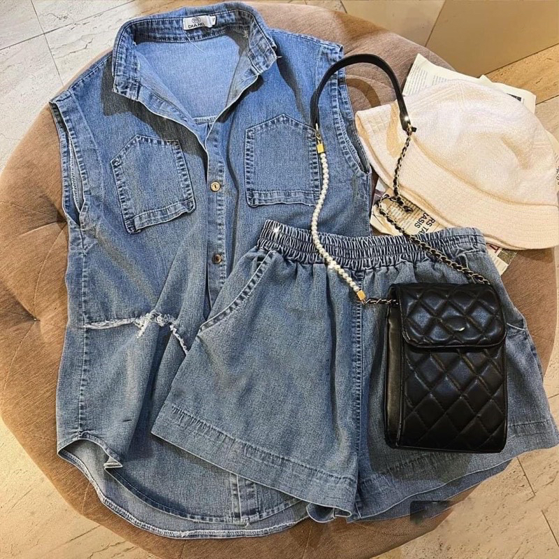 Set Bộ Jean Áo Sát Nách Phối Quần Chun Phom Rộng Mã QM018