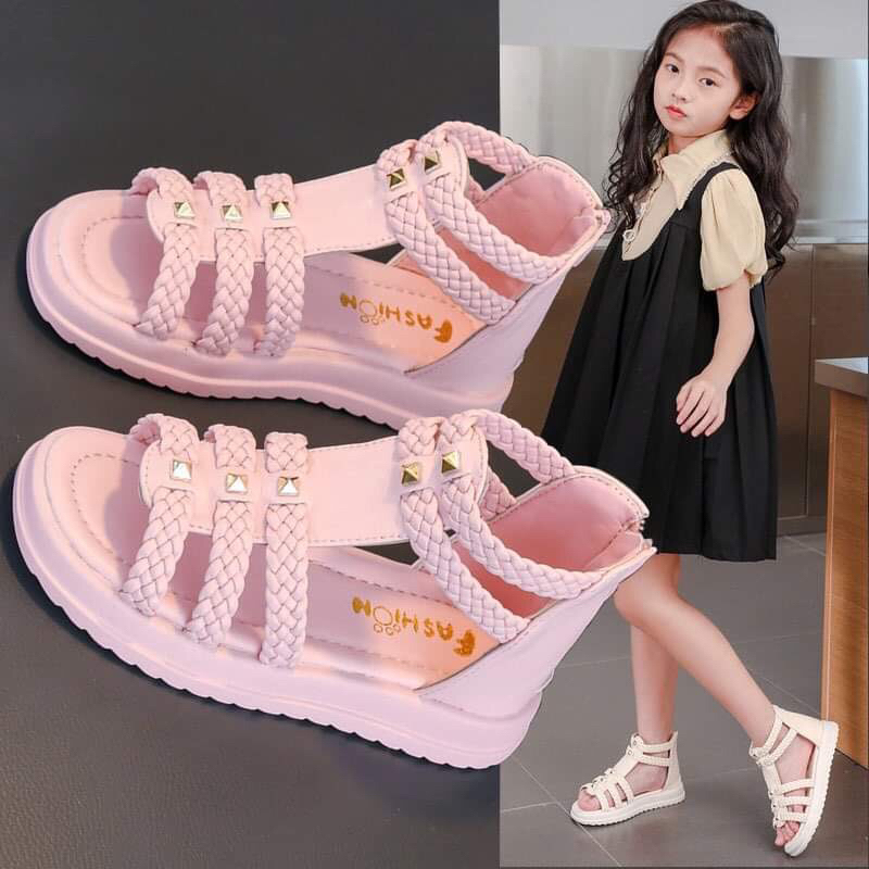 Sandal chiến binh quai tết cho bé gái 4-12 tuổi da mềm khoá kéo phong cách Hàn Quốc
