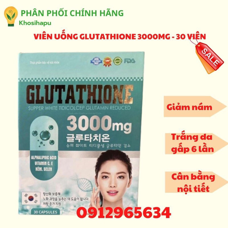 Viên uống trắng da mờ nám GLUTATHIONE 3000mg - Glutathione 2000mg - Hỗ trợ làm đẹp da Glutathion 1000mg Hộp 30 viên