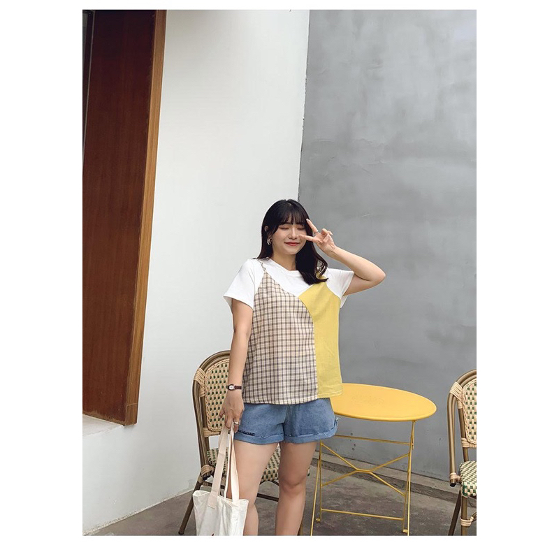 Áo thun trắng hig size kiểu yếm phối caro vàng size lớn 65kg-90kg