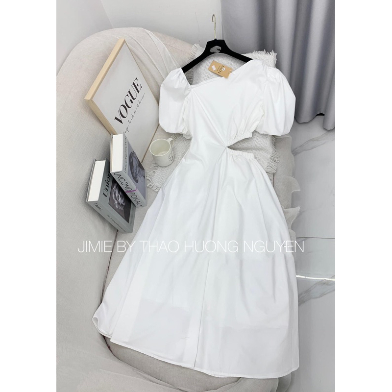 ĐẦM MIDI KHOÉT 1 BÊN EO TAY PHỒNG