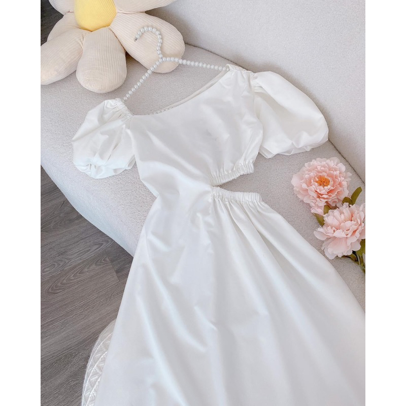 ĐẦM MIDI KHOÉT 1 BÊN EO TAY PHỒNG