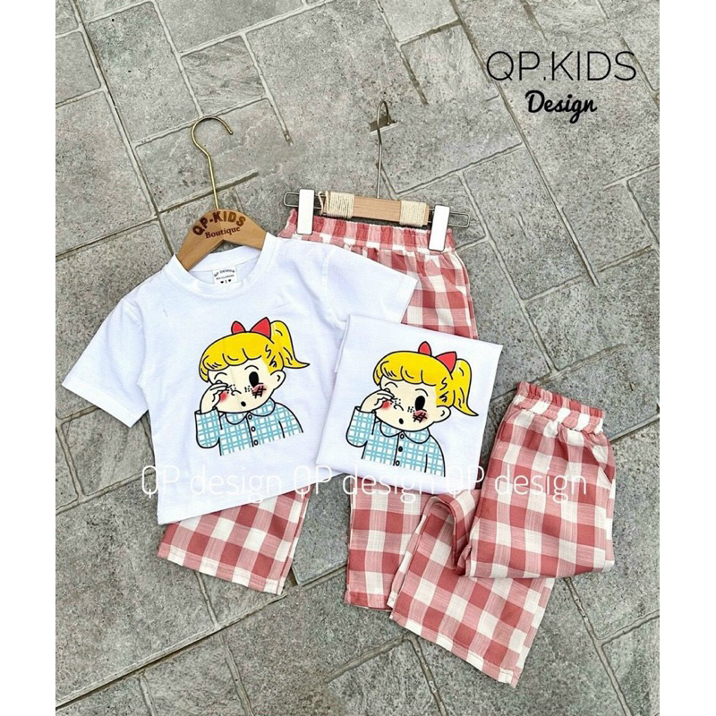 Set áo thun in, quần caro Hồng bé gái