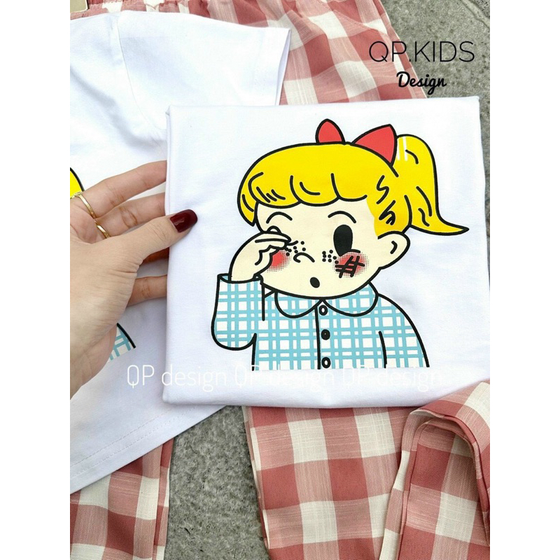 Set áo thun in, quần caro Hồng bé gái