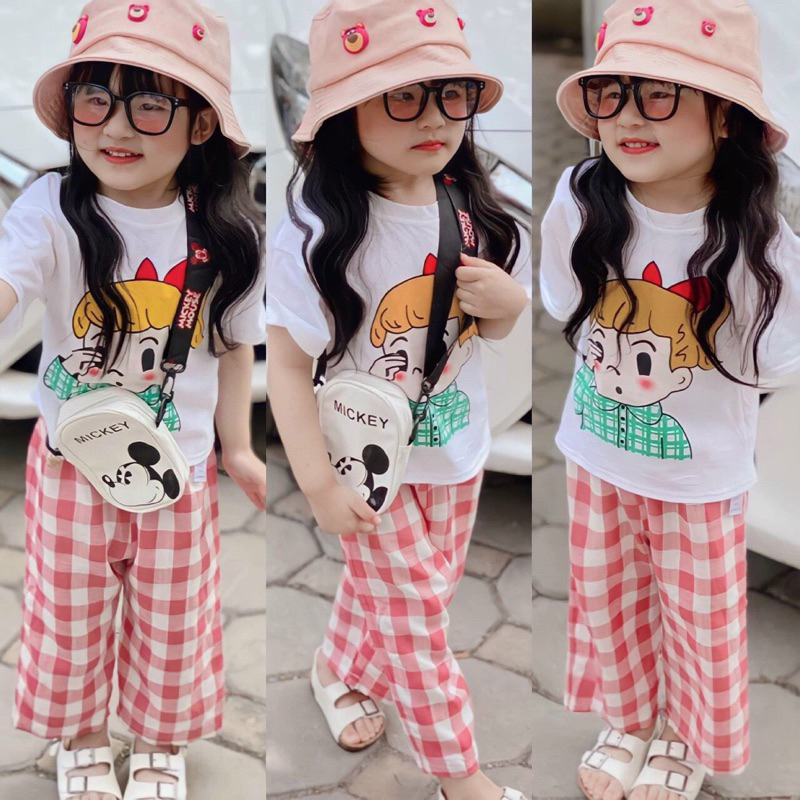 Set áo thun in, quần caro Hồng bé gái