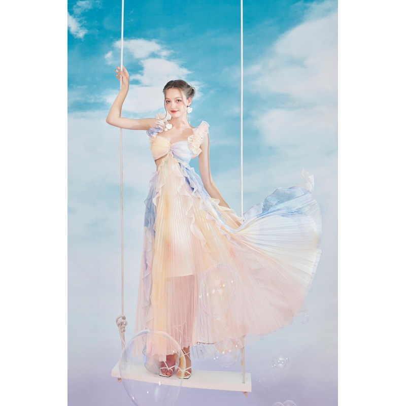 MADDY HATES ROSE - Váy Maxi voan tơ ombre dập ly viền bèo